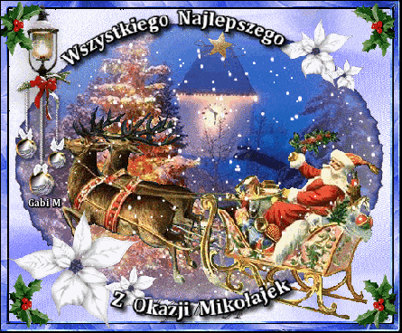 Kartka z padającym śniegiem i życzeniami na mikołajki